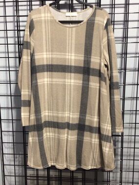 a.gain Plaid Swing Tunic Top in Beige and Gray NWOT